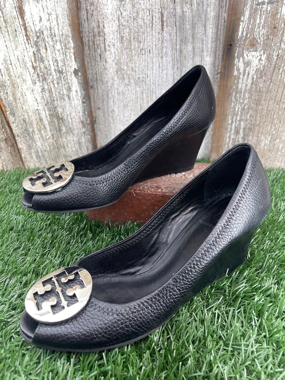 Tory Burch Peep Toe Black Pebbled Leather Sally 2 Wedge Women's 8.5